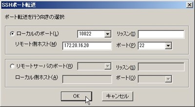 ローカルポートとリモートサーバ情報を入力