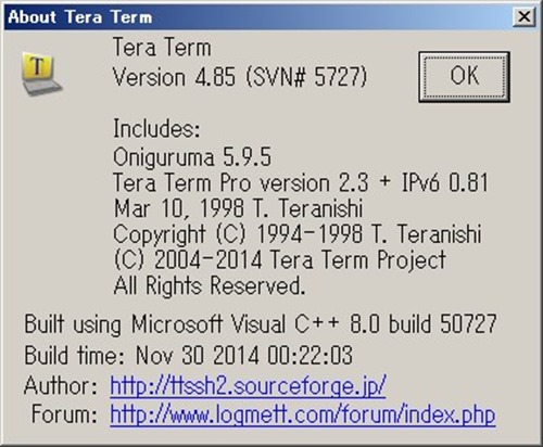 昨年の事ですが、2014年11月30日（日）にTeraTerm version4.85がリリースされてました